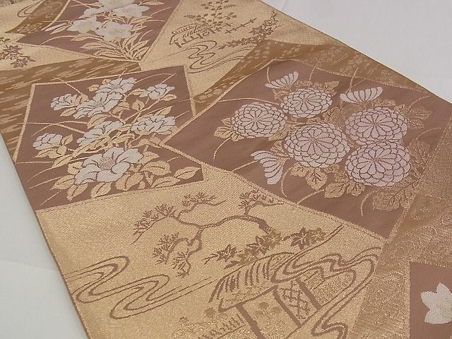 平和屋着物■六通柄袋帯 色紙重ね花文 金糸 正絹 逸品 A-pf4720