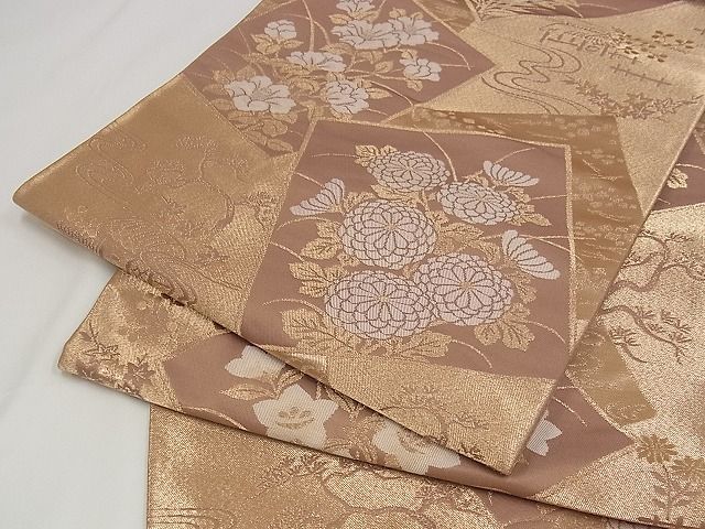 平和屋着物■六通柄袋帯 色紙重ね花文 金糸 正絹 逸品 A-pf4720