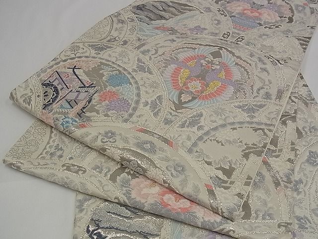 平和屋着物■六通柄袋帯 唐織 青海取絵皿文 プラチナ箔 正絹 逸品 A-pf4729