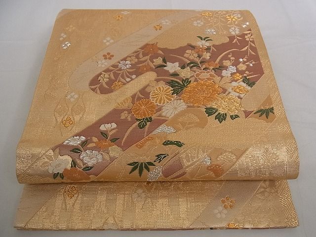 平和屋着物■六通柄袋帯 唐織 霞取草花文 金銀糸 正絹 逸品 A-pf4757