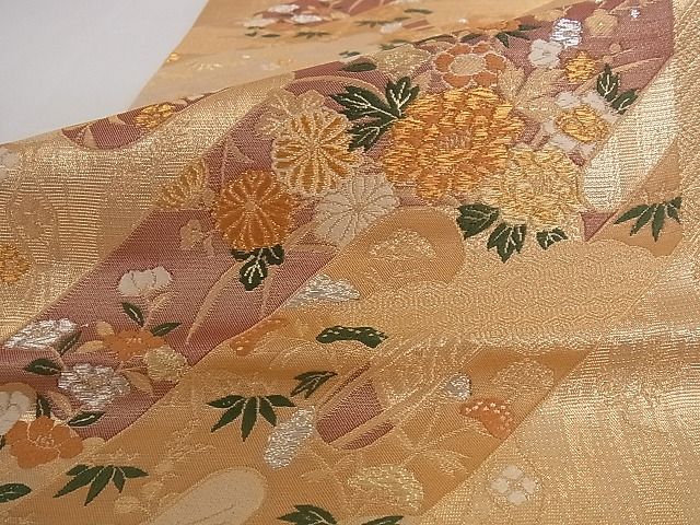 平和屋着物■六通柄袋帯 唐織 霞取草花文 金銀糸 正絹 逸品 A-pf4757