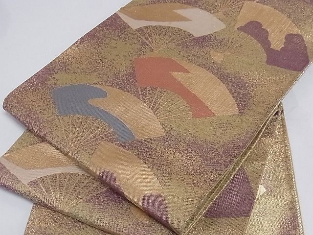平和屋着物■六通柄袋帯 扇面文 金糸 正絹 逸品 A-sx6587