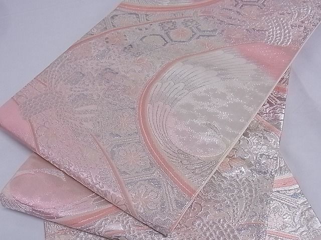 平和屋着物■六通柄袋帯 束ね熨斗孔雀花文 銀糸 正絹 逸品 A-sx6588