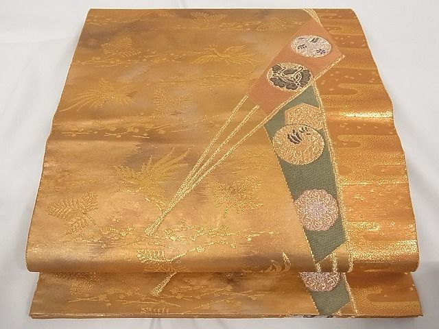 平和屋着物■六通柄袋帯 唐織 扇面花鳥文 金糸 正絹 逸品 A-tn2358