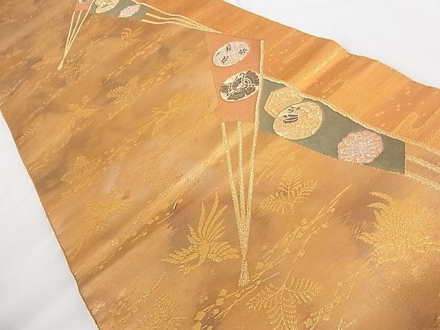 平和屋着物■六通柄袋帯 唐織 扇面花鳥文 金糸 正絹 逸品 A-tn2358