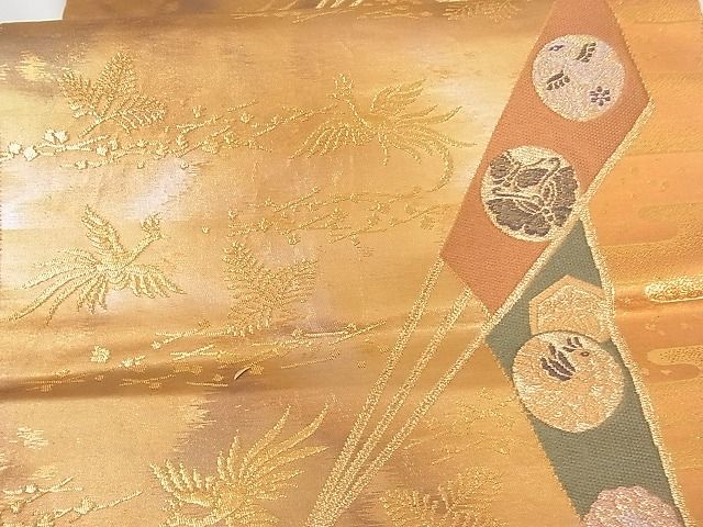 平和屋着物■六通柄袋帯 唐織 扇面花鳥文 金糸 正絹 逸品 A-tn2358
