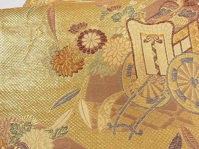 平和屋着物■六通柄袋帯 地紙重ね御所車花文 金糸 正絹 逸品 A-tn2374