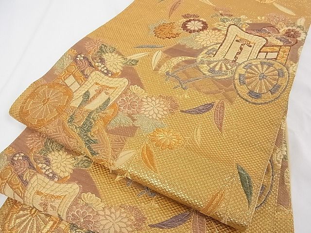 平和屋着物■六通柄袋帯 地紙重ね御所車花文 金糸 正絹 逸品 A-tn2374