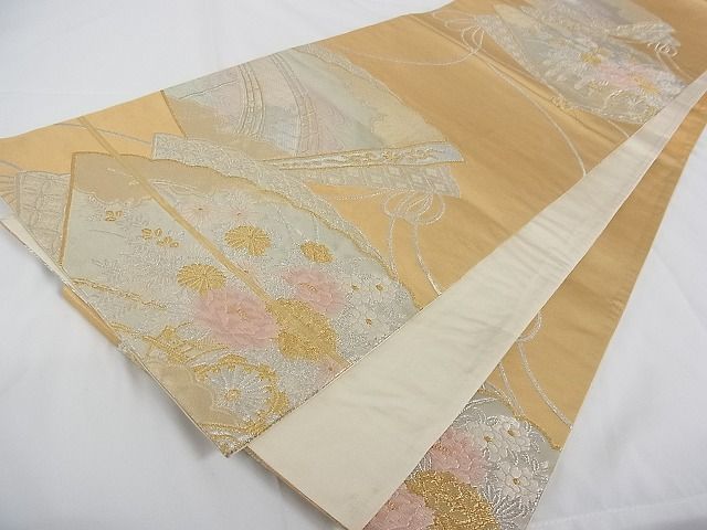 平和屋着物■六通柄袋帯 唐織 扇面花車文 金銀糸 正絹 逸品 A-tn2380