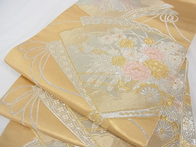 平和屋着物■六通柄袋帯 唐織 扇面花車文 金銀糸 正絹 逸品 A-tn2380