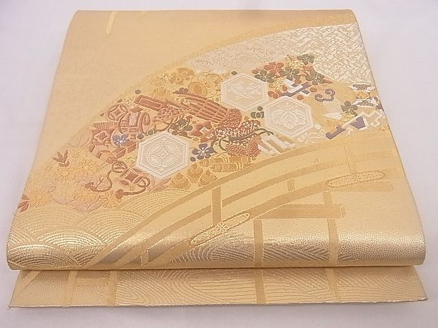 平和屋着物■六通柄袋帯 唐織 渡橋吉祥花文 金糸 正絹 逸品 B-cy4552