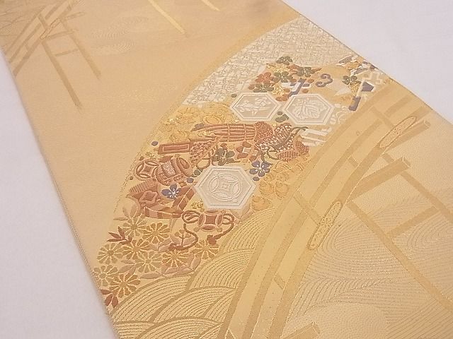 平和屋着物■六通柄袋帯 唐織 渡橋吉祥花文 金糸 正絹 逸品 B-cy4552