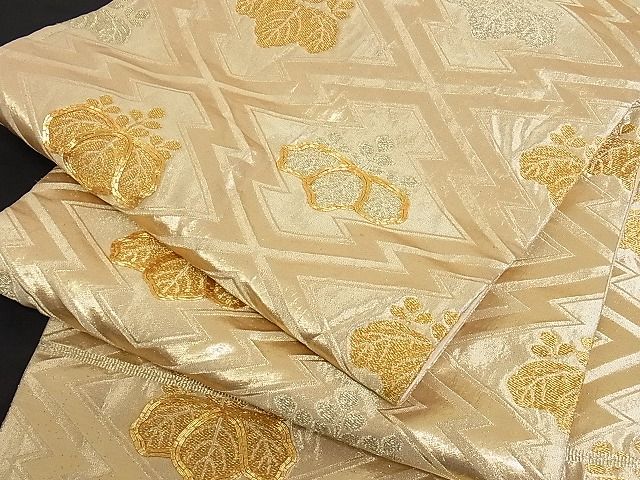 平和屋着物■六通柄袋帯 駒刺繍 五三の桐 金糸 正絹 逸品 B-jd1538