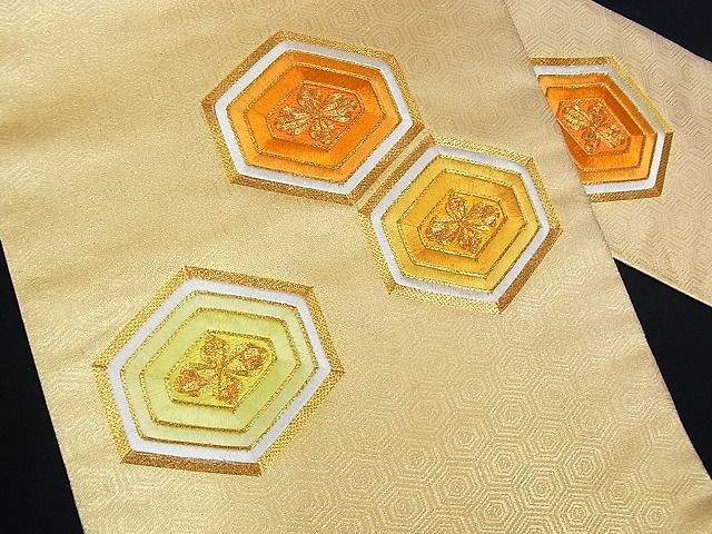 平和屋着物■九寸名古屋帯 駒刺繍 亀甲花文 金糸 正絹 逸品 A-uw2428