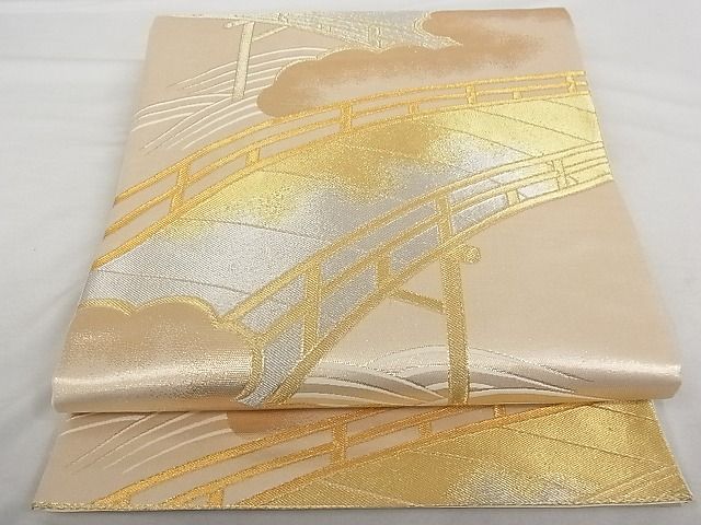 平和屋着物■六通柄袋帯 渡橋風景文 金銀糸 正絹 逸品 A-gk014