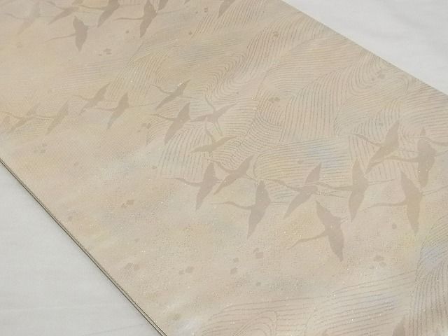 平和屋着物■全通柄袋帯 飛鶴文 ワンポイント 草花 引箔 正絹 逸品 A-gk040