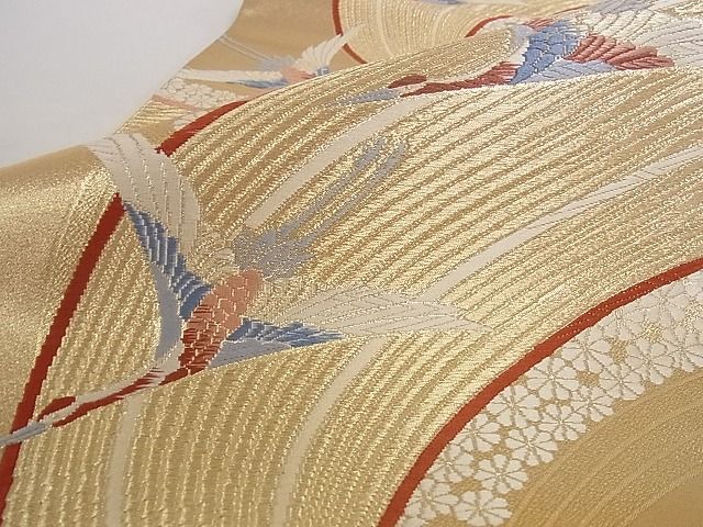 平和屋着物■六通柄袋帯 唐織 飛鶴花文 金糸 正絹 逸品 A-pf5103