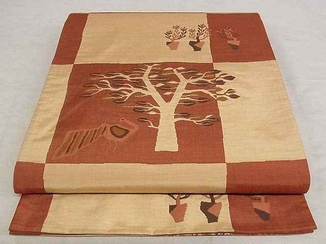 平和屋着物■六通柄袋帯 枝葉文 鳥 正絹 逸品 A-pf5152