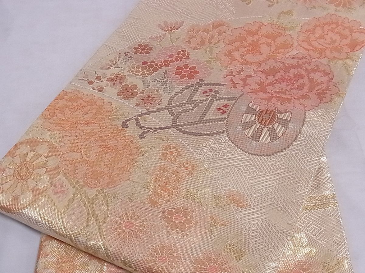平和屋着物■佐賀錦 六通柄袋帯 花車文 金糸 正絹 逸品 A-sx7222