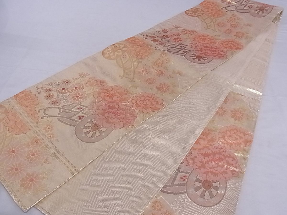 平和屋着物■佐賀錦 六通柄袋帯 花車文 金糸 正絹 逸品 A-sx7222