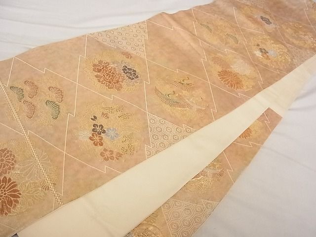 平和屋着物■六通柄袋帯 寿煌金彩錦 松皮菱花文 鶴 金糸 引箔 正絹 逸品 A-ta6862