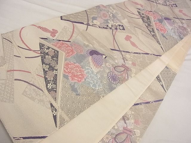 平和屋着物■六通柄袋帯 プラチナ箔二重織 色紙重ね花鳥文 銀糸 正絹 逸品 A-ta6909