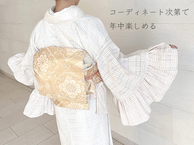 平和屋本店●極上 小紋 チュールレース袷 フリル袖 格子 アイボリー 洗える着物 逸品 新品 MAAA0031mg