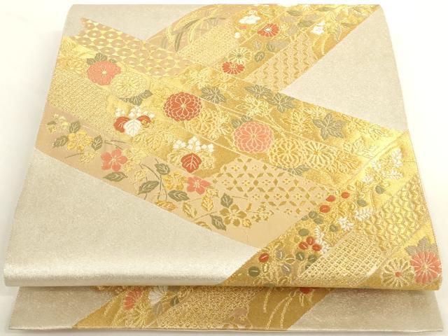 平和屋着物◎六通柄袋帯 短冊花文 金糸 正絹 逸品 AAAD0390ru
