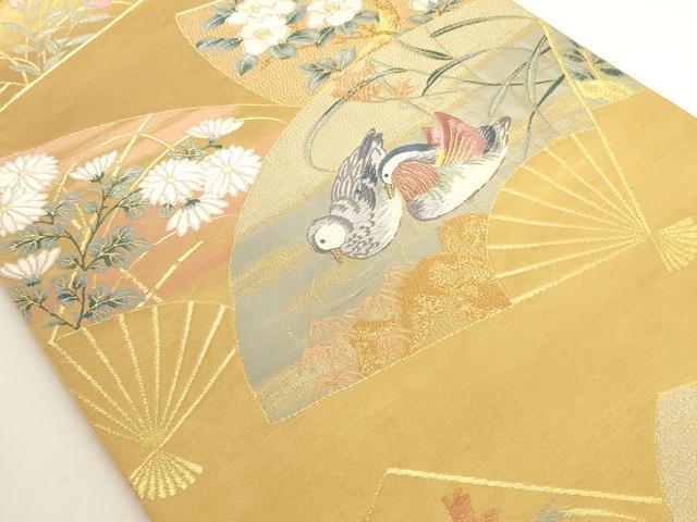 平和屋着物◎六通太鼓柄袋帯 扇面花鳥文 金糸 正絹 逸品 AAAD0391ru