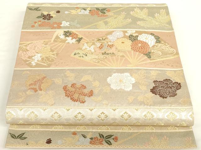 平和屋着物◎六通柄袋帯 扇面花文 金糸 正絹 逸品 AAAD0404ru