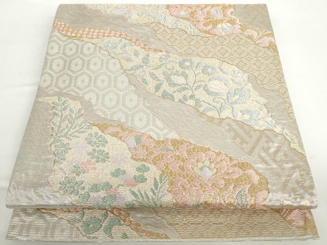 平和屋着物◎六通柄袋帯 流水花文 金銀糸 正絹 逸品 AAAD0425ru