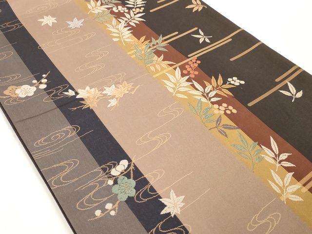 平和屋着物◎全通柄袋帯 流水草花文 金糸 正絹 逸品 AAAK8981Bey
