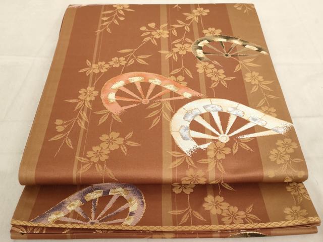 平和屋着物◎両面六通柄袋帯 片輪車草花文 金糸 正絹 逸品 AAAL9063ex