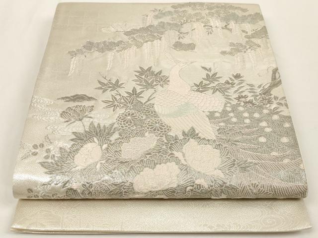 平和屋着物◎六通太鼓柄袋帯 王朝飾花鳥園図 銀糸 正絹 逸品 AAAL2472ey