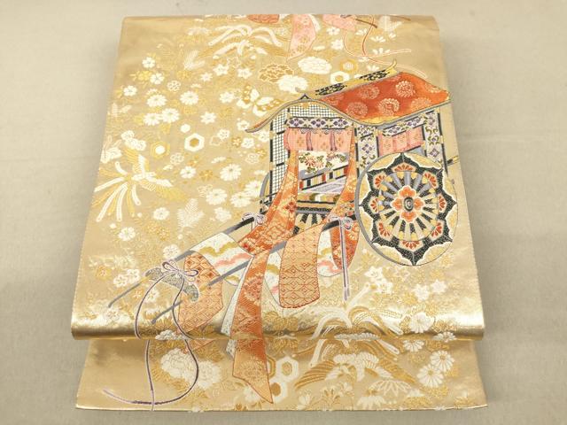 平和屋着物◎六通柄袋帯 御所車鳳凰花蝶文 金糸 正絹 逸品 AAAL3081fw