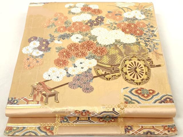 平和屋着物◎六通柄袋帯 慶長錦 格子花車文様 金糸 正絹 逸品 AAAL3337ru
