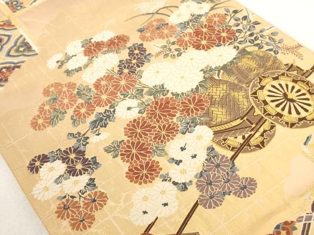 平和屋着物◎六通柄袋帯 慶長錦 格子花車文様 金糸 正絹 逸品 AAAL3337ru
