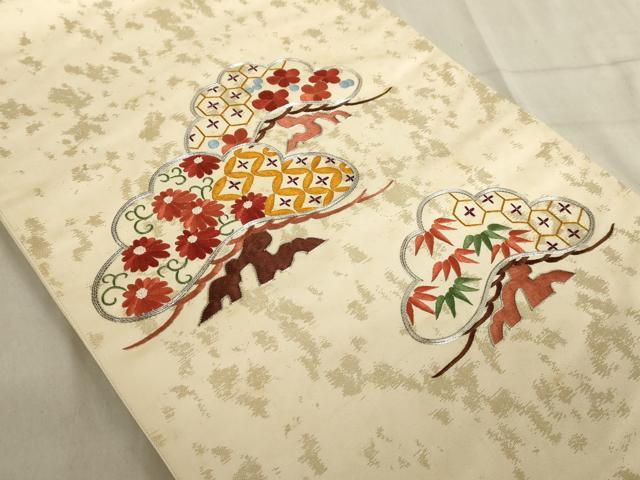 平和屋着物◎太鼓柄袋帯 駒刺繍 総刺繍 吉祥花文 松 金銀糸 正絹 逸品 AAAL3944tm