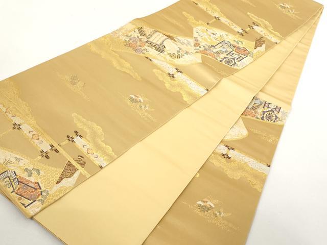 平和屋着物◎六通柄袋帯 御所車花鳥巻絵文 金糸 正絹 逸品 AAAL5392az