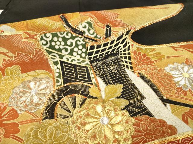 平和屋着物■豪華黒留袖 駒刺繍 エ霞御所車花文 金彩 正絹 逸品 AAAL6869ck