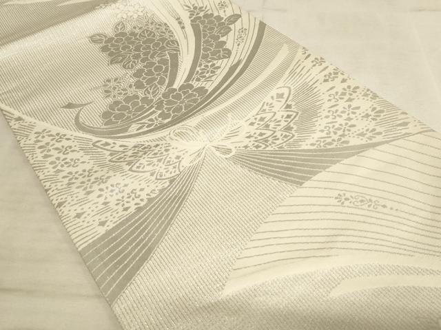 平和屋着物◎両面六通柄袋帯 唐織 草花文 銀糸 正絹 逸品 AAAL7096pf