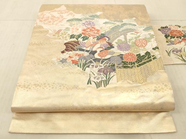 平和屋着物◎九寸名古屋帯 唐織 鴛鴦風景花文 金糸 引箔 正絹 逸品 AAAL8931pf