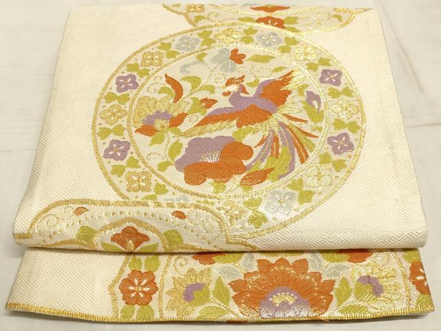 平和屋着物◎六通柄袋帯 鳳凰花絵皿文 金糸 正絹 逸品 AAAM3359sx