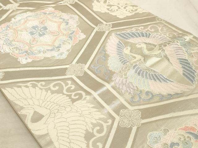 平和屋着物◎六通柄袋帯 唐織 亀甲双鶴花文 銀糸 正絹 逸品 AAAM3556sx