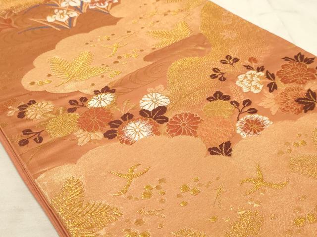 平和屋着物◎六通柄袋帯 光悦錦 流水花鳥文 金糸 正絹 逸品 AAAM3644sx