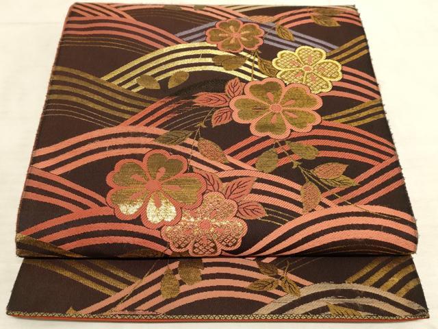 平和屋着物◎六通柄袋帯 流水花文 金糸 正絹 逸品 AAAM3651sx