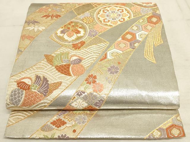 平和屋着物◎六通柄袋帯 唐織 蔓帯鴛鴦吉祥花文 金銀糸 正絹 逸品 AAAM3673sx