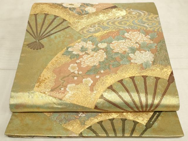 平和屋着物◎六通柄袋帯 扇面に花草図 金糸 引箔 正絹 逸品 AAAM3974sx