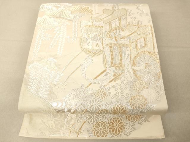 平和屋着物◎全通柄袋帯 美保姿 唐織 御所車花鳥文 金銀糸 正絹 逸品 AAAM5085fw