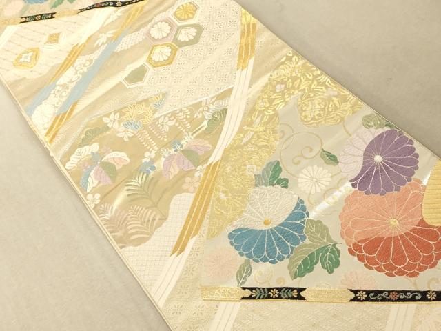 平和屋着物◎六通柄袋帯 唐織 扇吉祥枝花文 菊 金銀糸 正絹 逸品 AAAM5196fw